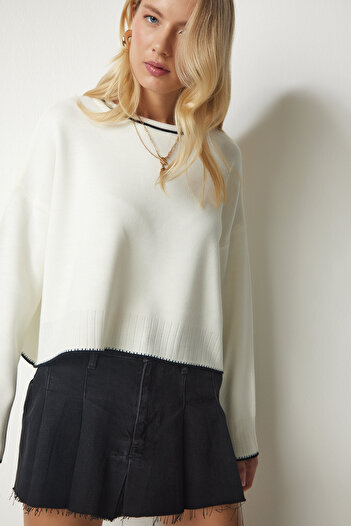 Happiness İstanbul Damski sweter z dzianiny basic w kolorze ecru PF00010