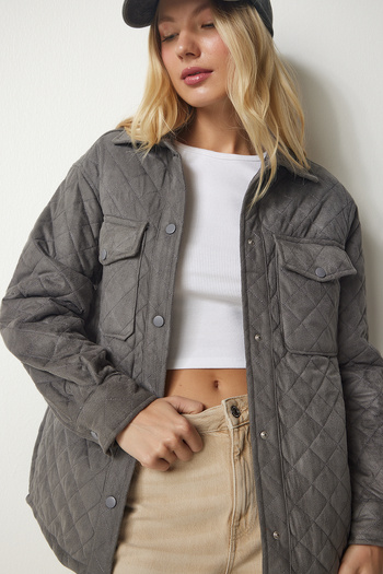 Happiness İstanbul Women's Dark Gray Nubuck Jacket with Pockets UB00158