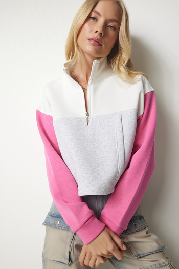 Happiness İstanbul Women's Gray Pink Zippered Collar Ribbed Knitted Crop Sweatshirt NJ00130