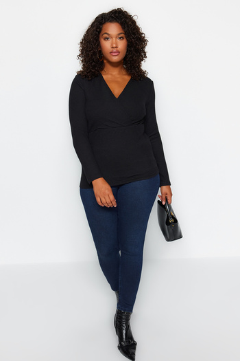 Trendyol Curve V-Neck Wrap Black Knitted Plus Size Blouse - Tbbaw24Af00031