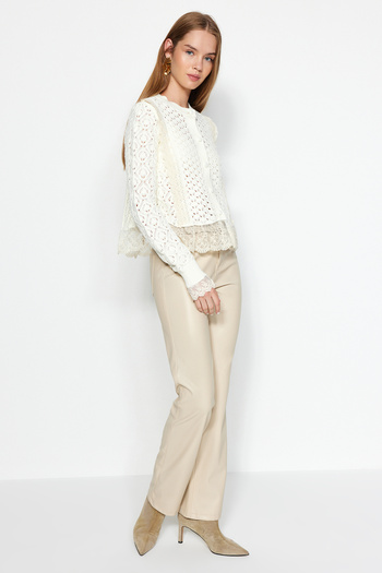Trendyol Collection Ecru Crop Lace Garnished Openwork/Hollowed Knitwear Cardigan Twoaw24Kz01059
