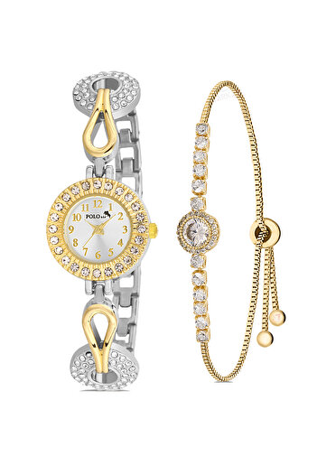 Polo Air Elegant Vintage Women's Wrist Watch and Bracelet Combo - Silvery Yellow Zirconia