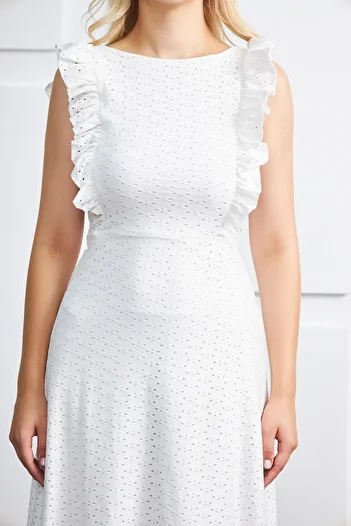 vuvutasarım Rochie de seară albă căptușită cu țesătură flexibilă, cu volan, lungime midi, cu croiala evazată 084