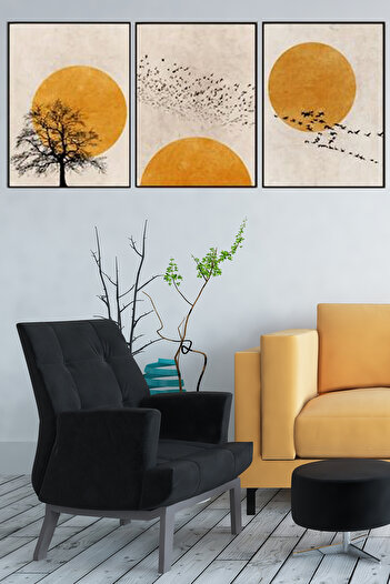 Linacci Triple Black Aluminum Metal Framed Sunset Yellow Nature Glass Painting Poster Set