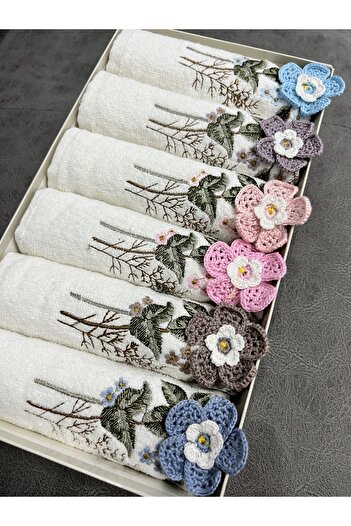 AYHANHOME Set of 6 3D Hand Embroidered Flower Bouquet Patterned Boxed Dowry 30x50 Kitchen Towel Set