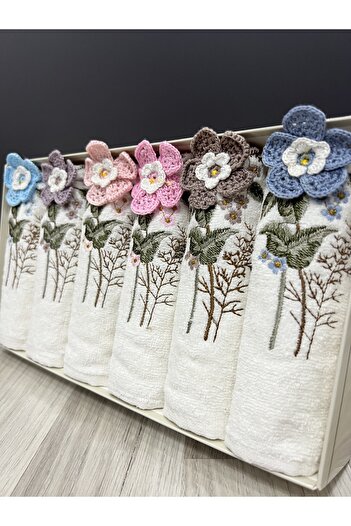 AYHANHOME Set of 6 3D Hand Embroidered Flower Bouquet Patterned Boxed Dowry 30x50 Kitchen Towel Set