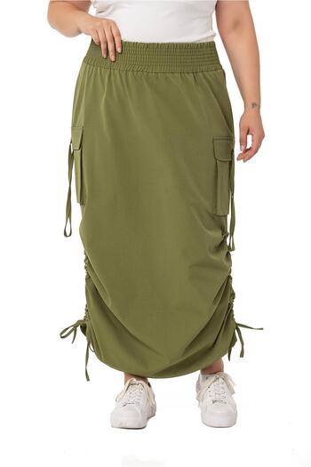 DISENTIS MODEST Large Size Side Gather Detailed Elastic Waist Parachute Long Khaki Skirt