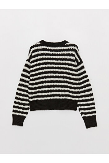LC Waikiki Gemusterter Damen-Strickpullover mit langen Ärmeln und Rundhalsausschnitt