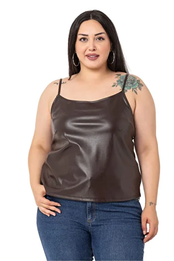 DISENTIS MODEST Plus Size Adjustable Thin Strap Leather Brown Blouse with Elastic Back