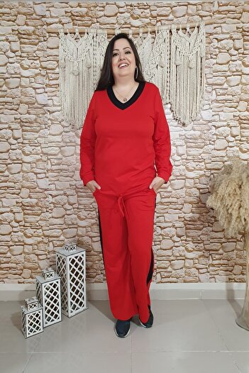 xlargebutik Plus Size Clothing Red Black Two Thread Stretchy Fabric Suit