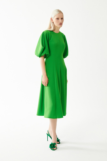 Jus De Pommes GREEN BALLOON SLEEVES PLEATED MIDI DRESS