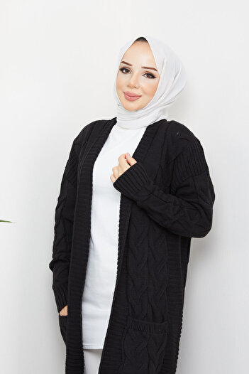 Pamuk Butik Women's Pocket Knitted Knitted Cardigan Black