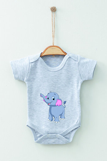 ADABEBEK 100% Cotton Organic Elephant Patterned Short Sleeve Badi Baby Bodysuit