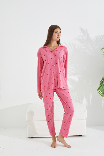 Siyah İnci Pink heart patterned cotton button-down pajama set