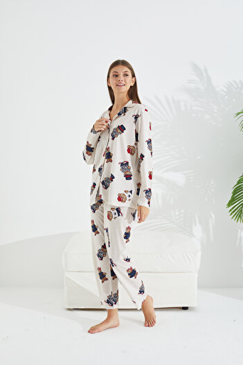 Siyah İnci Buttoned Pajama Set with cream hat and Teddy Bear Pattern