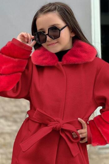 Riccotarz Girl's Plush Collar and Sleeve Ends, Red Stash Coat with Hidden Button Detail