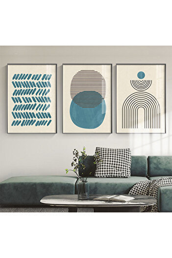 Linacci Blue Geometric Modern Leaf Glass Painting Poster Set with Triple Black Aluminum Metal Frame