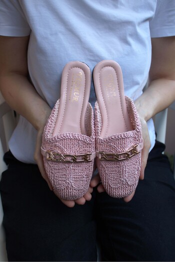Haffhane Women's Chained Powder Pink Straw Slippers