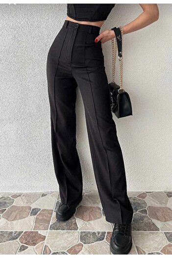 modazoom Women's Black Wide Leg Trousers with Front Stitching Detail