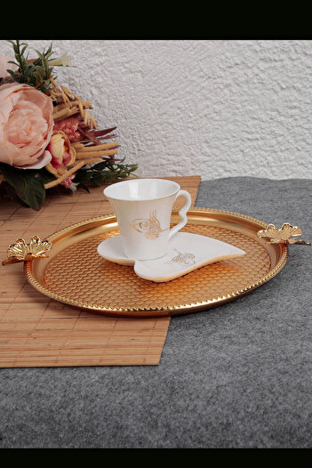 GİLLİ STORE Paslanmaz Çelik Yuvarlak Model Çay Kahve Sunum Tepsi Kelebek Detaylı 4 Adet
