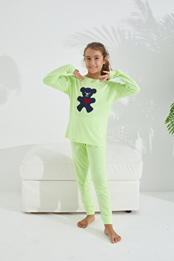 Siyah İnci neon yeşil Pamuklu Likralı Örme Pijama Takım