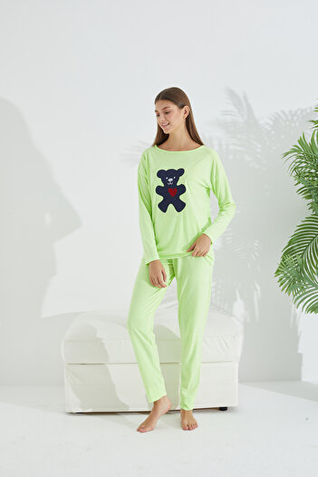 Siyah İnci neon yeşil Pamuklu Likralı Örme Pijama Takım