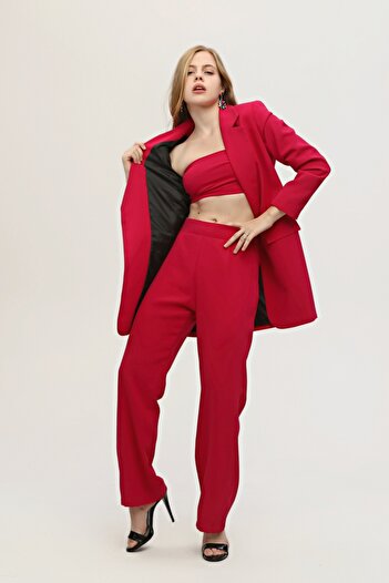 Feminist Crop Pantolon Ceket Üçlü Takım Fuşya 0106308