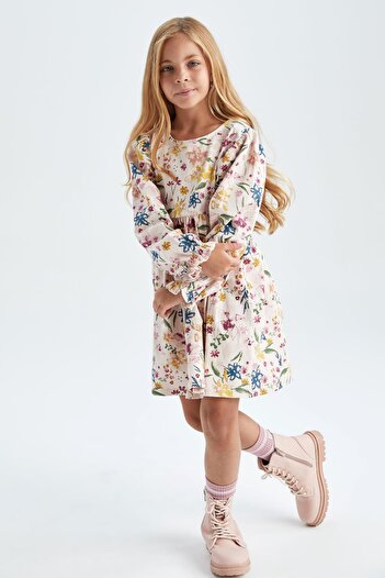 DeFacto Girl's Crew Neck Floral Long Sleeve Dress