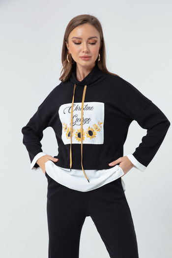 Lafaba Women's Black Front Printed Knitted Sweatshirt