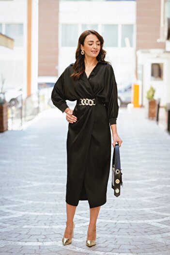 Moda Mix Avcılar Γυναικείο Σατέν Υφασμάτινο Φόρεμα Διπλό Κόψιμο