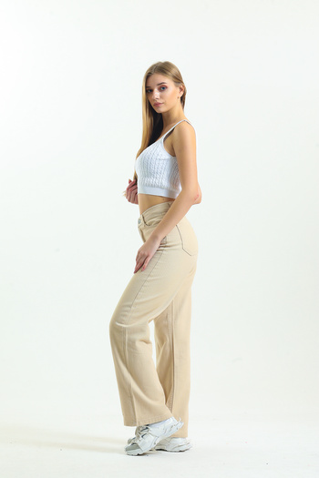 SHEVEGA Cream High Waist Boyfriend Wide Leg Loose Wide Leg Trousers