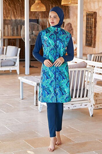 MEBA Long Sleeve Zippered Fully Covered Hijab Swimsuit Blue Light Navy Blue 0932