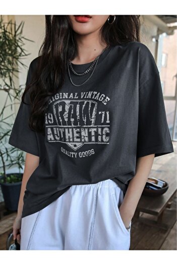 Benisengiydir Women's Dark Gray Original Vintage Raw Printed Oversize Crew Neck T-Shirt