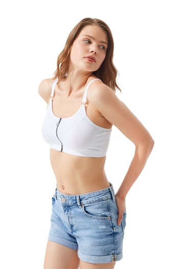 Cottonhill White Cotton Adjustable Strap Zippered Bralette Bustier