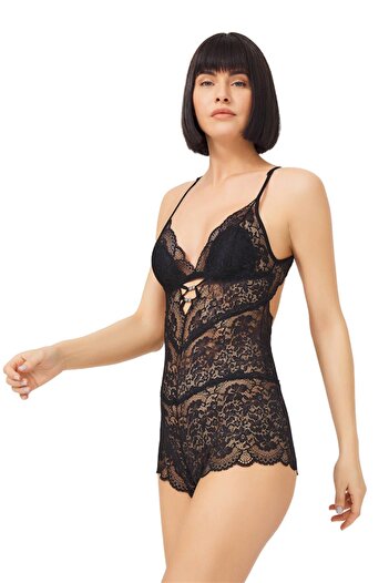 Cottonhill Șuruburi negre, spate decoltat, body transparent din dantelă acoperită