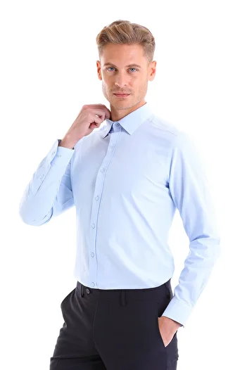 Hatemoğlu Μπλε Slim Fit Απλό βαμβακερό μακρυμάνικο πουκάμισο Classic