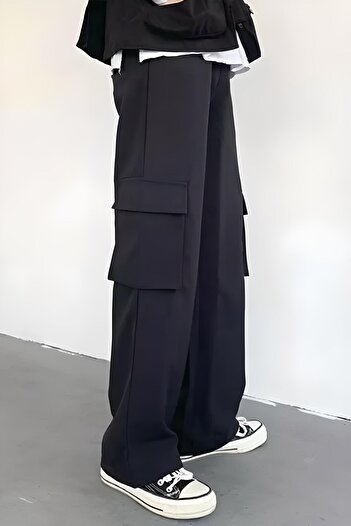 EFBUTİK Black Cargo Pocket Wide Leg Sweatpants