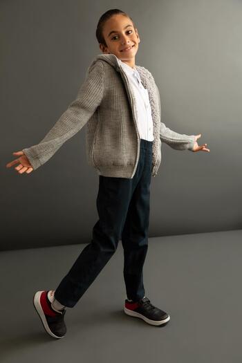 DeFacto Boy's Gray Hooded Knitwear School Cardigan