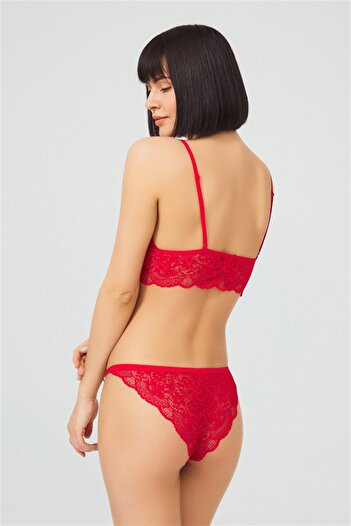 Cottonhill Women's Red Lace Transparent Non-Wireless Bra Set