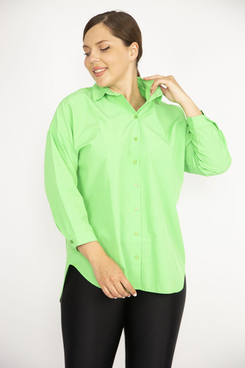 Şans Women's Large Size Green Front Buttoned Poplin Shirt 65N36858