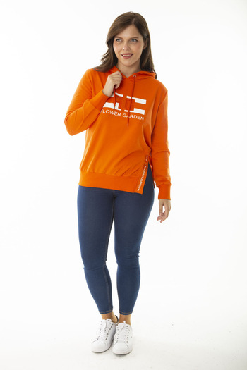 Şans Women's Large Size Orange Stone and Print Detailed Hooded Sweatshirt with Side Slits 65N36867