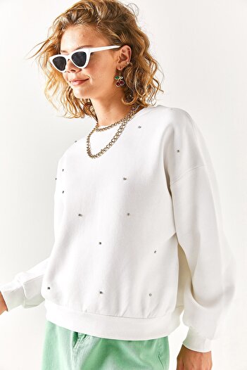 Olalook Women's White Stone Detailed Fleece Inside Sweatshirt SWT-19000621