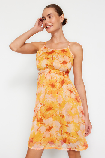 Trendyol Collection Orange-Cream A-Line Print Mini Woven Dress Twoss23El02429