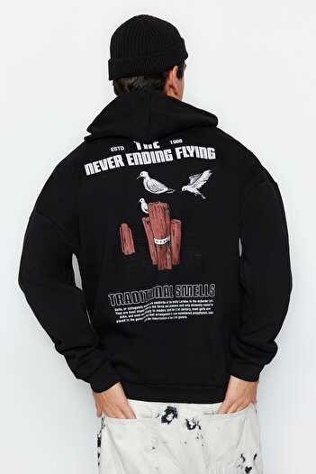 Trendyol Collection Φούτερ Animal Printed Black Fleece - Oversize Cotton, TMNAW24sw00136