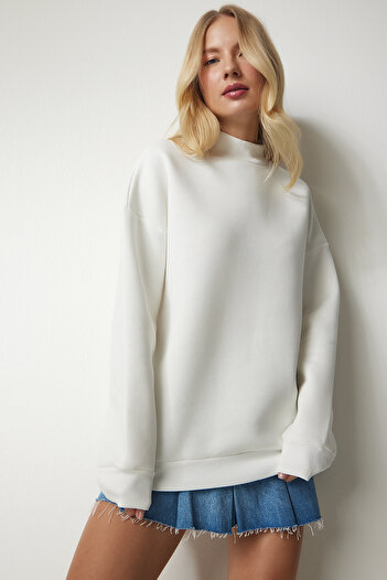 Happiness İstanbul Dámska rebrovaná mikina Ecru Stand Collar Basic UB00166