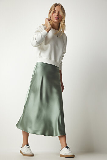 Happiness İstanbul Women's Green Satin Surface Skirt DD01144