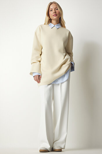 Happiness İstanbul Γυναικείο πλεκτό φούτερ Latte Ribbed Oversize NJ00131