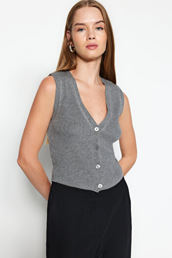 Trendyol Collection V-Neck Gray Premium Knitwear Vest - Special Yarn TWOAW24SV00049