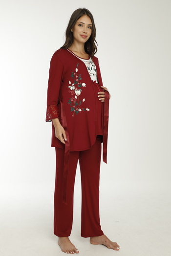 Miss Dünya Lissa Claret Red Patterned Maternity and Maternity Pajamas Set with Dressing Gown