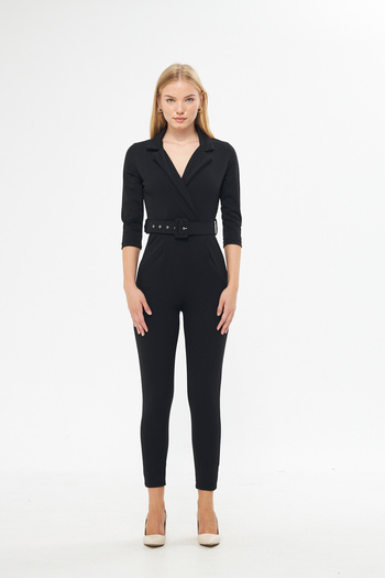 vuvutasarım New Season Women's Belt Detailed Double Breasted Collar One Piece Long Sleeve Black Jumpsuit Black Jumpsuit